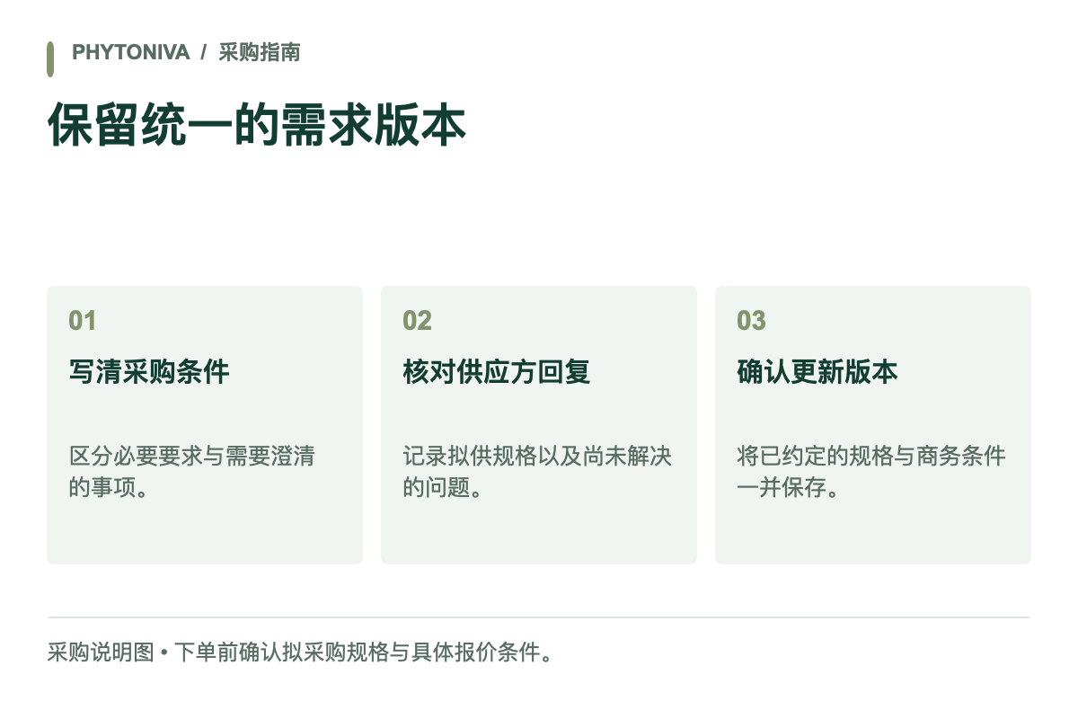 保留统一的需求版本 — 写清采购条件;核对供应方回复;确认更新版本