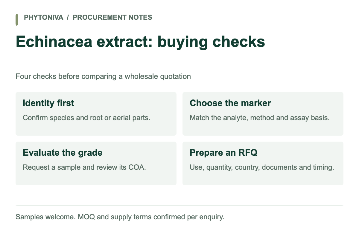 Echinacea extract: buying checks. Identity first: Confirm species and root or aerial parts. Choose the marker: Match the analyte, method and assay basis. Evaluate the grade: Request a sample and review its COA. Prepare an RFQ: Use, quantity, country, documents and timing.