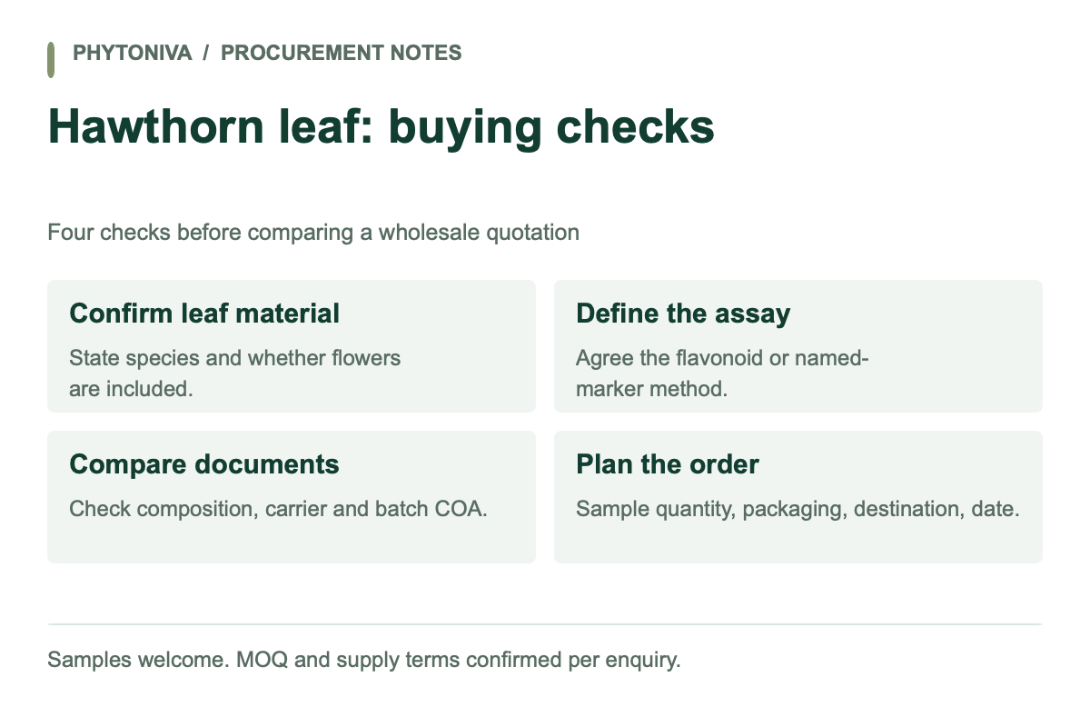 Hawthorn leaf: buying checks. Confirm leaf material: State species and whether flowers are included. Define the assay: Agree the flavonoid or named-marker method. Compare documents: Check composition, carrier and batch COA. Plan the order: Sample quantity, packaging, destination, date.