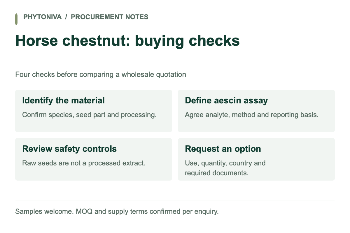 Horse chestnut: buying checks. Identify the material: Confirm species, seed part and processing. Define aescin assay: Agree analyte, method and reporting basis. Review safety controls: Raw seeds are not a processed extract. Request an option: Use, quantity, country and required documents.