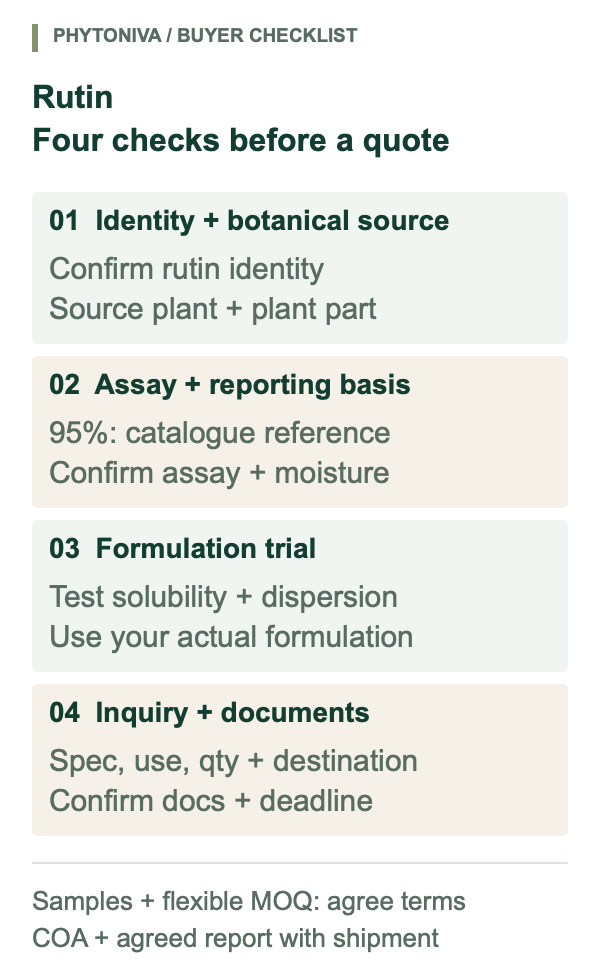 Rutin buyer checklist: confirm ingredient identity and botanical source, the 95% catalogue reference and assay reporting basis, formulation trials and enquiry requirements; sample and MOQ terms are agreed, with manufacturer COA and agreed third-party report supplied with shipment.